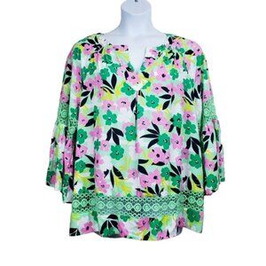 Crown & Ivy Green Womens Bell Sleeve Green Pink Floral Print Top Size XXL NWT